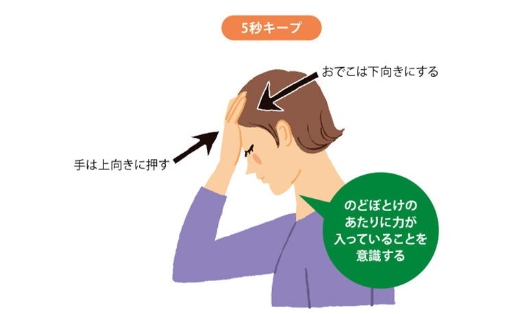 5秒キープ　おでこは下向きにする　手は上向きに押す　のどぼとけのあたりに力が入っていることを意識する